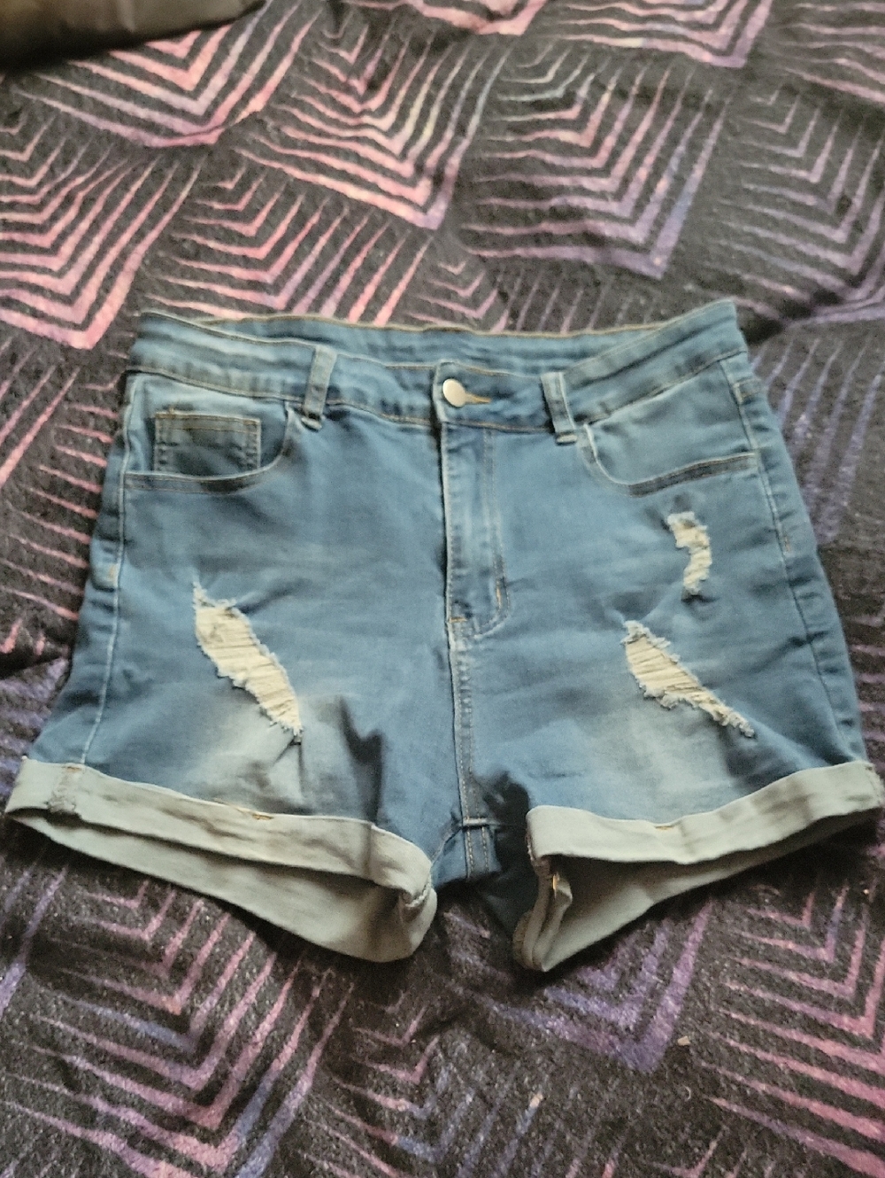 Classic High-Rise Distressed Denim Shorts - Blue
